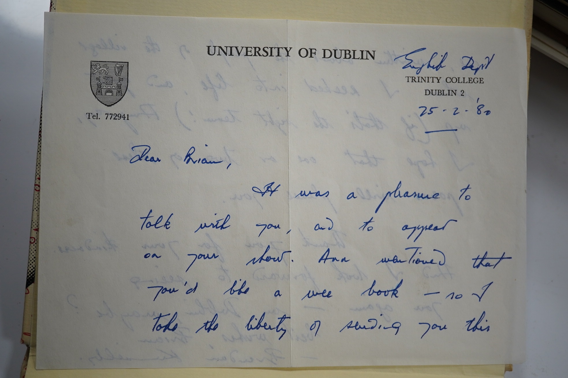 Kennelly, Brendan - The Boats Are Home. 1st edition. printed wrappers. Dublin: The Gallery Press, 1980. * with a contemporary 3 line inscription by the author to the famed Radio 2 d/j. Brian Mathew (host of, amongst othe